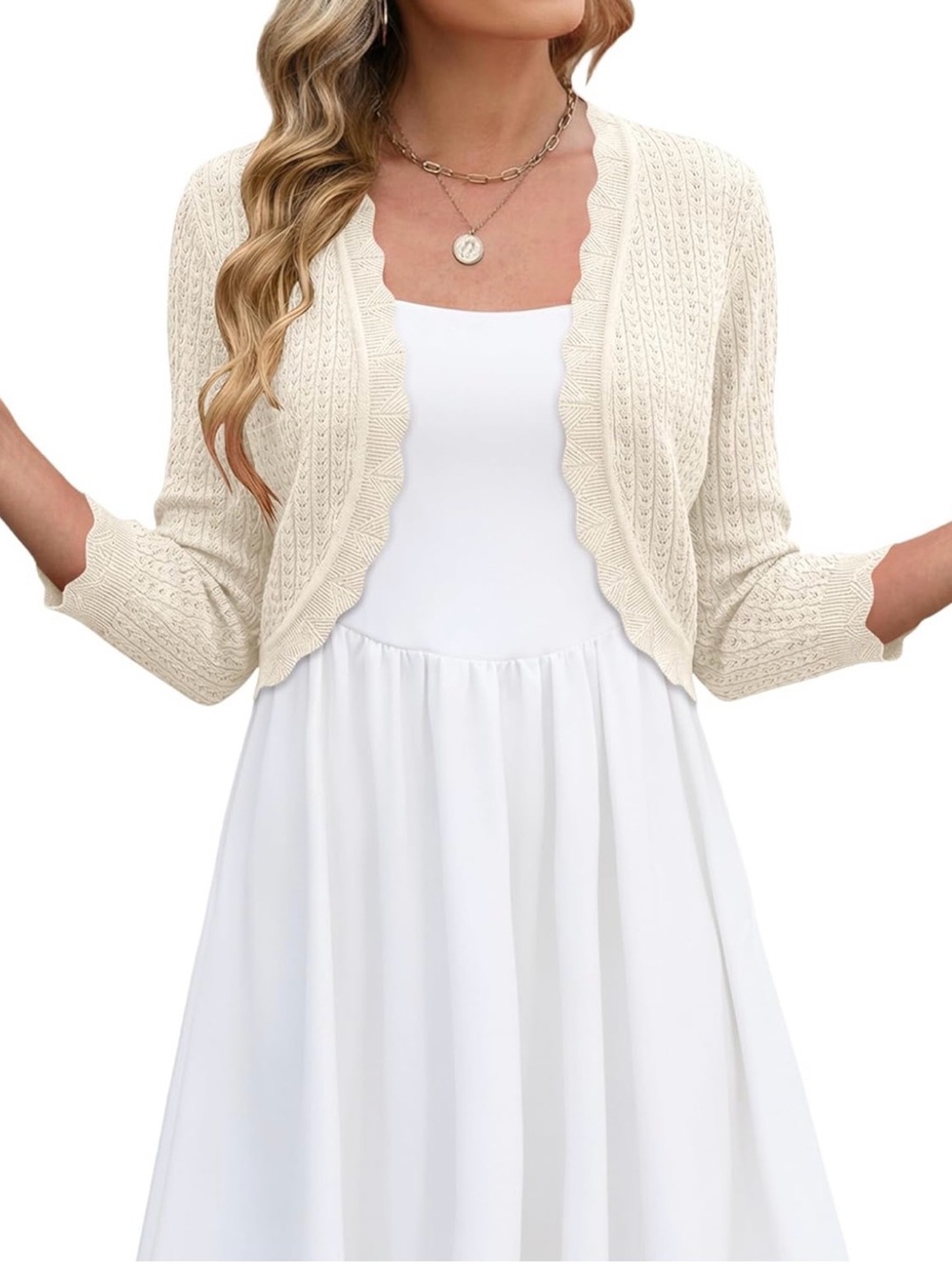 Scallop-Edge Cream Knit Cropped Cardigan